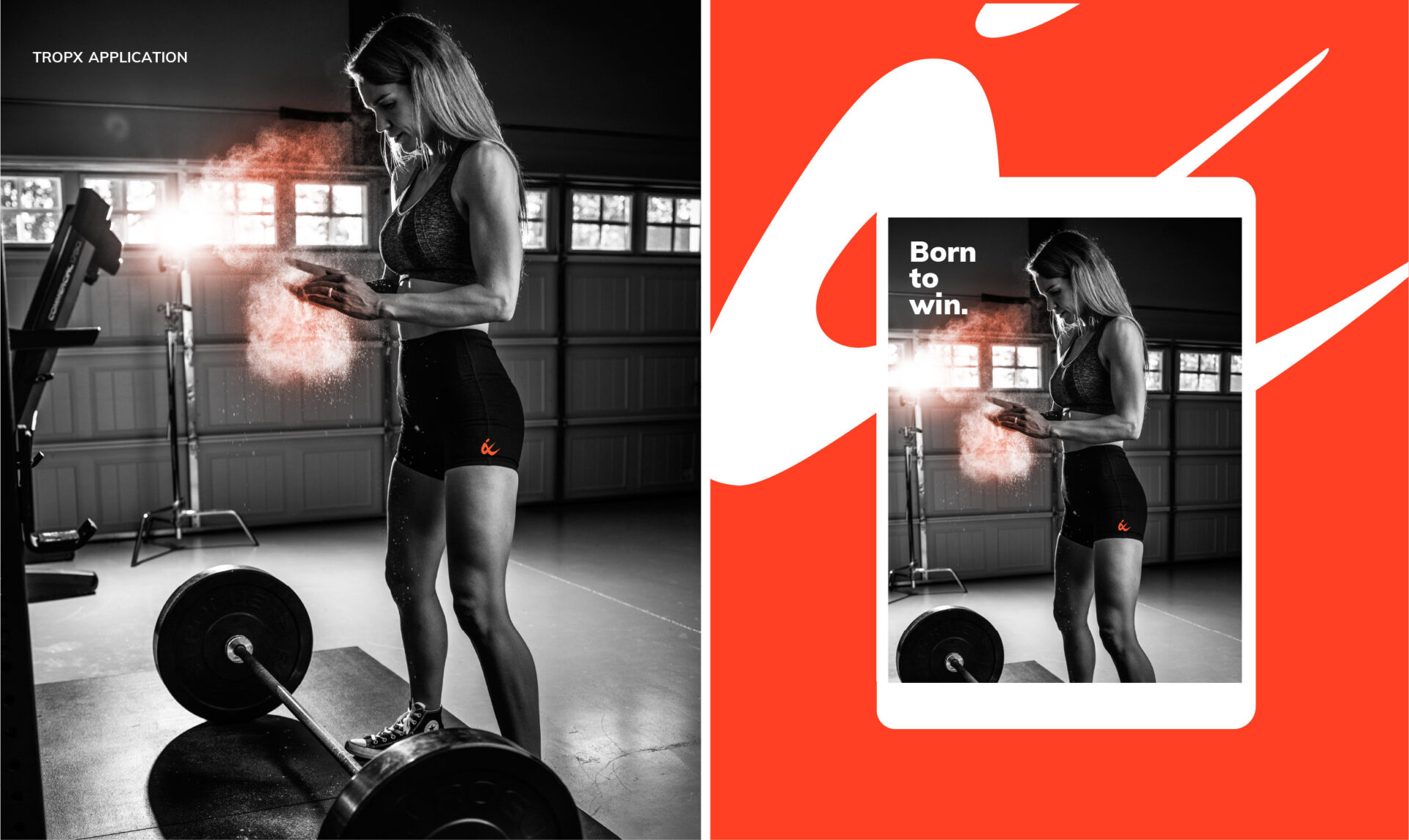 תגית alt: אישה במכון כושר עם משקולת עם טקסט "נולד לנצח".