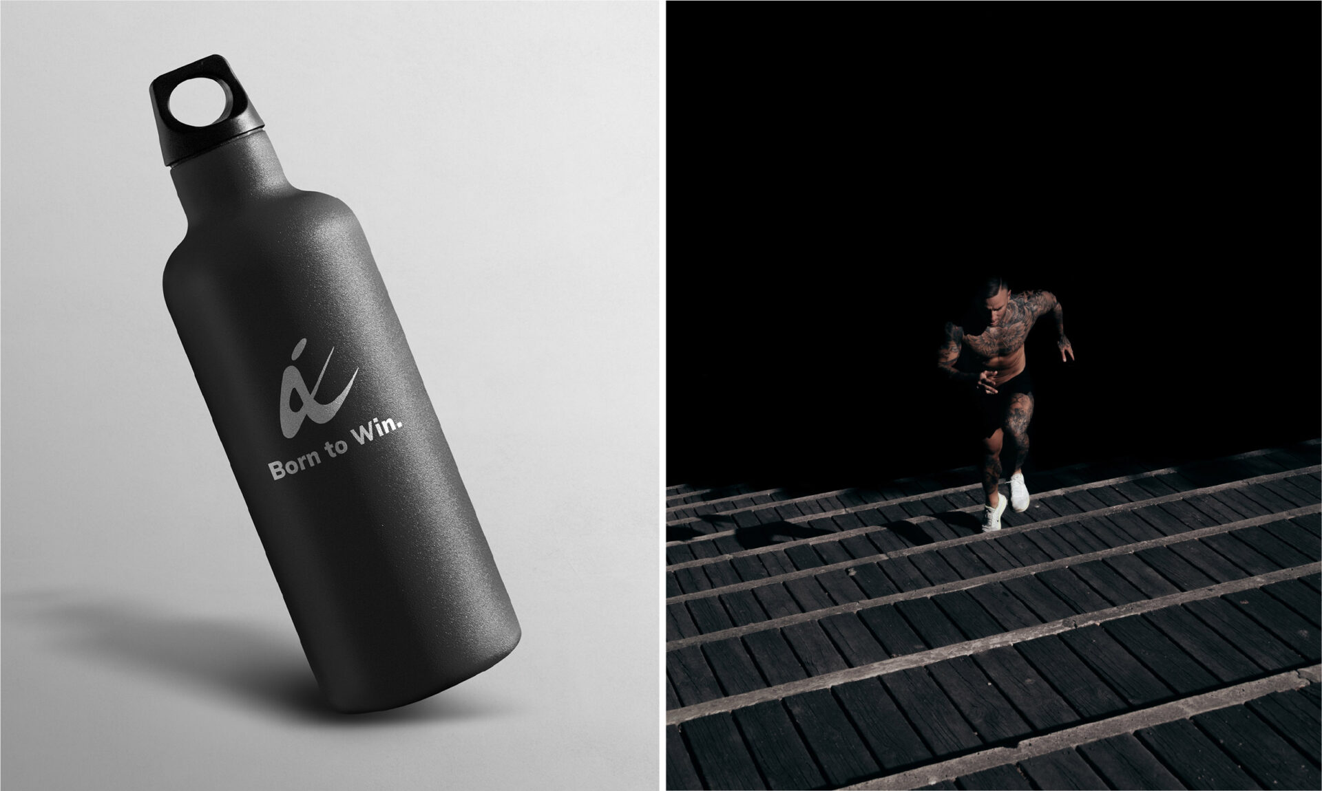 בקבוק מים שחור עם לוגו "Born to Win" במבט מקרוב.