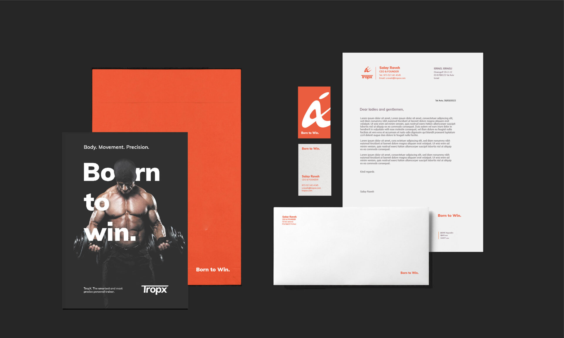 תיאור תווי תצלום: חוברת משרדית וקופסאות עם עיצוב מודרני למותג כושר ולייף סטייל.