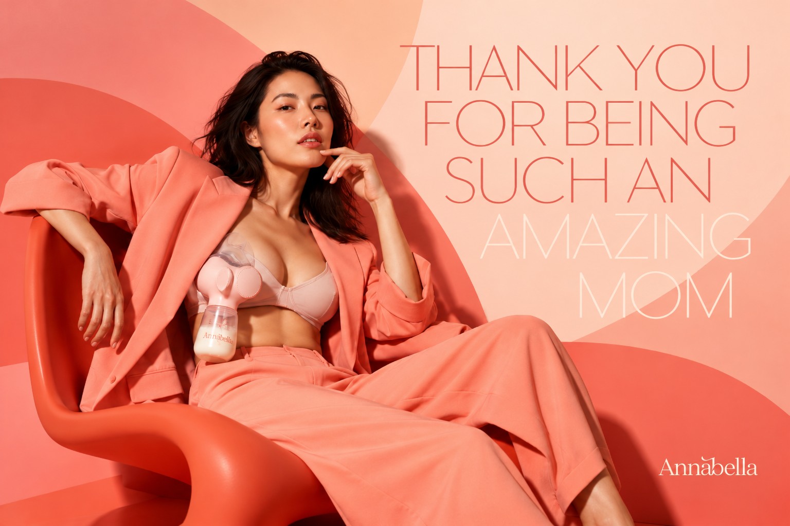Annabella breast pump campaign featuring a young mother in a stylish coral setting, celebrating motherhood with bold fashion-inspired photography.