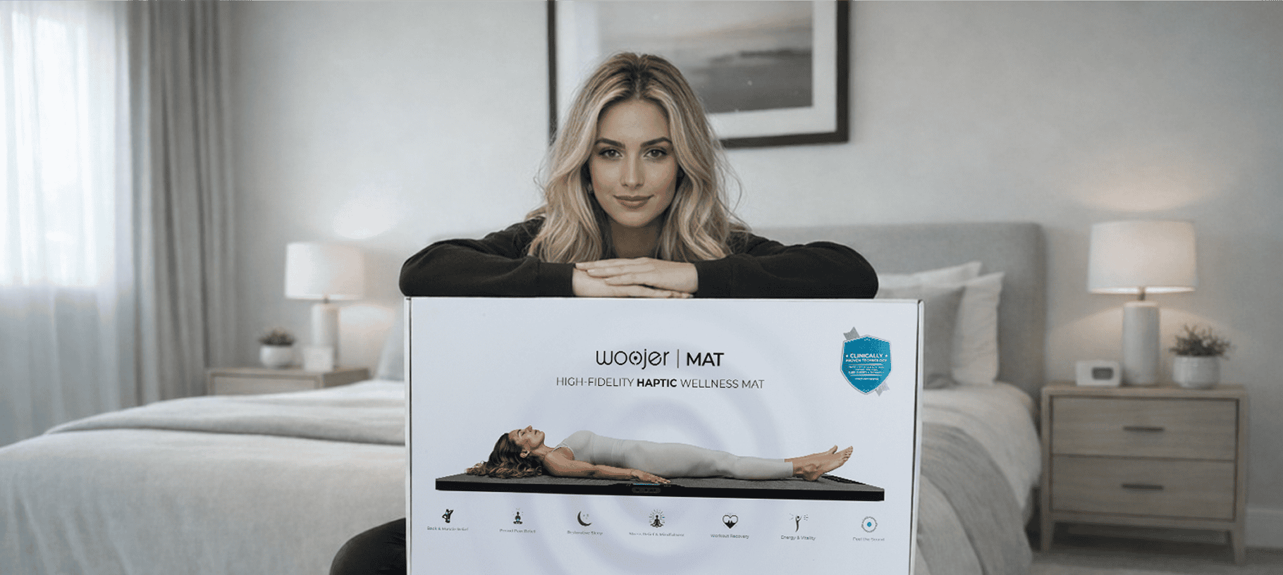 אישה מחייכת עם מוצר NFH לשיפור הבריאות.