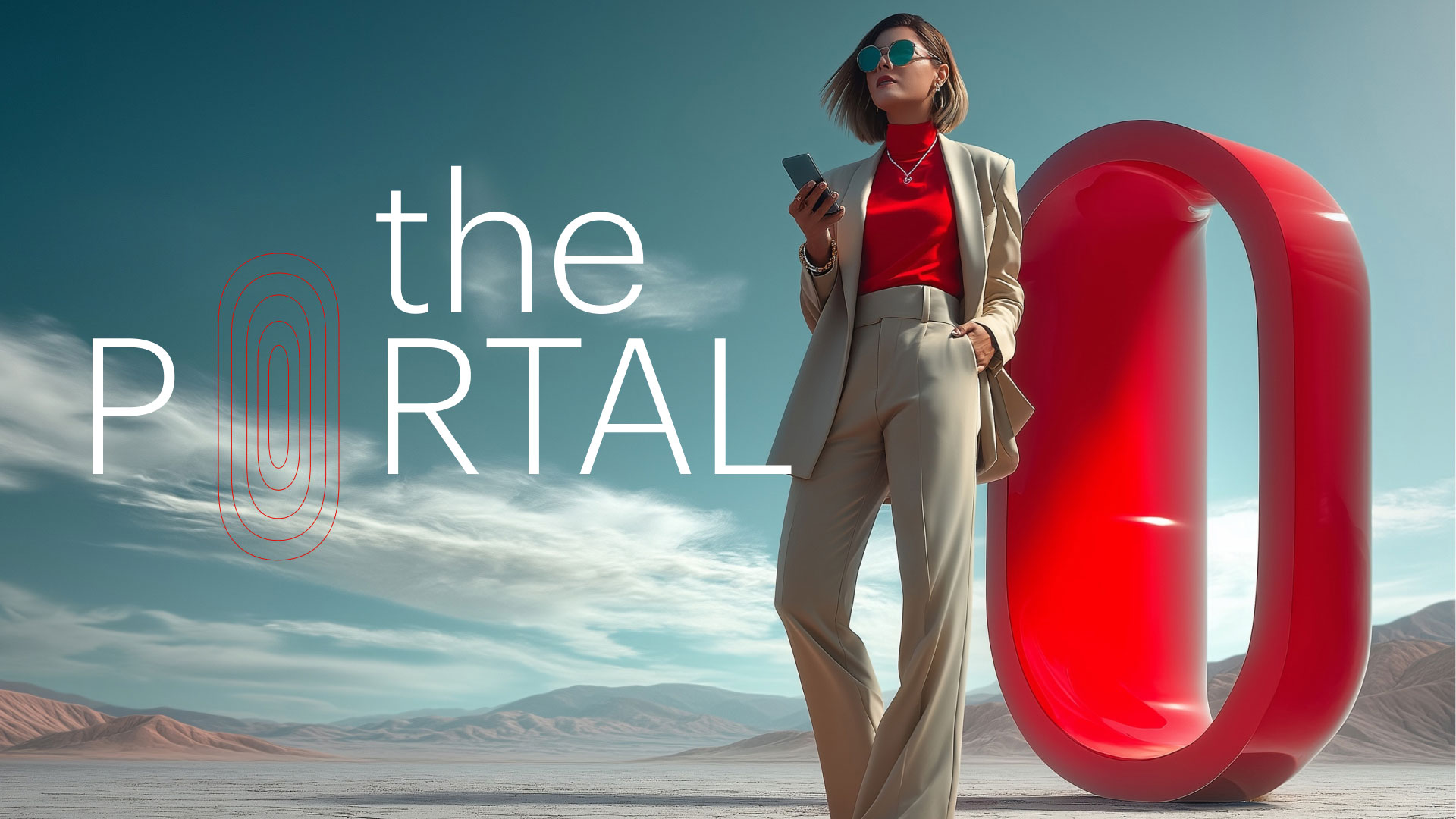 תגית alt: אישה אופנתית עומדת מול קונסטרוקציה אדומה ואופנתית, עם רקע של שמיים ומדבר.